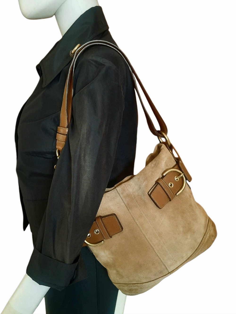 Vtg COACH #1483 Soho Tan Suede Convertible Crossbody Shoulder Bag Brass Hardware